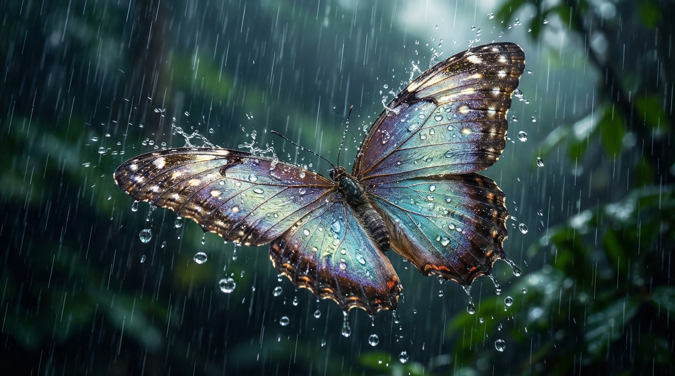 Un papillon sous la pluie