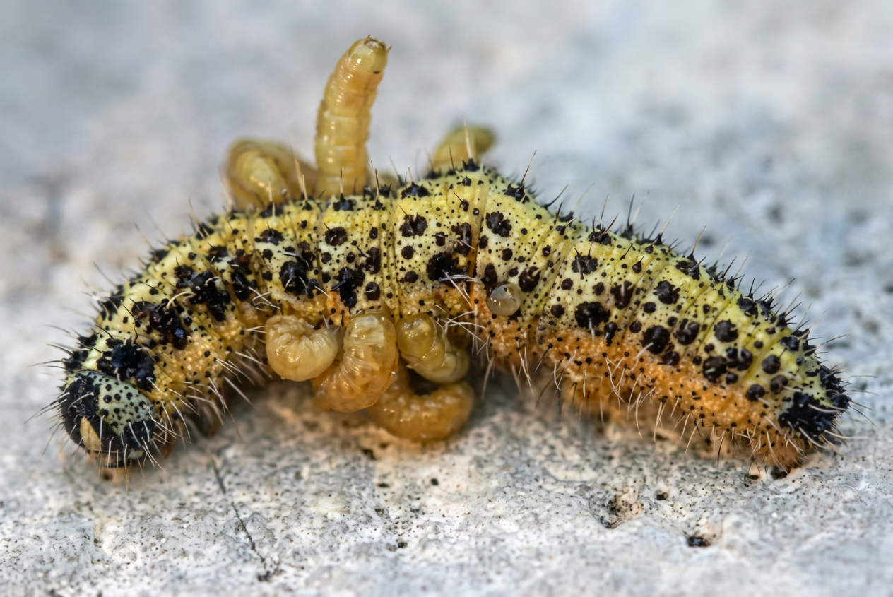 Larves d’Apanteles glomeratus sortant d’une chenille de Piéride du chou.