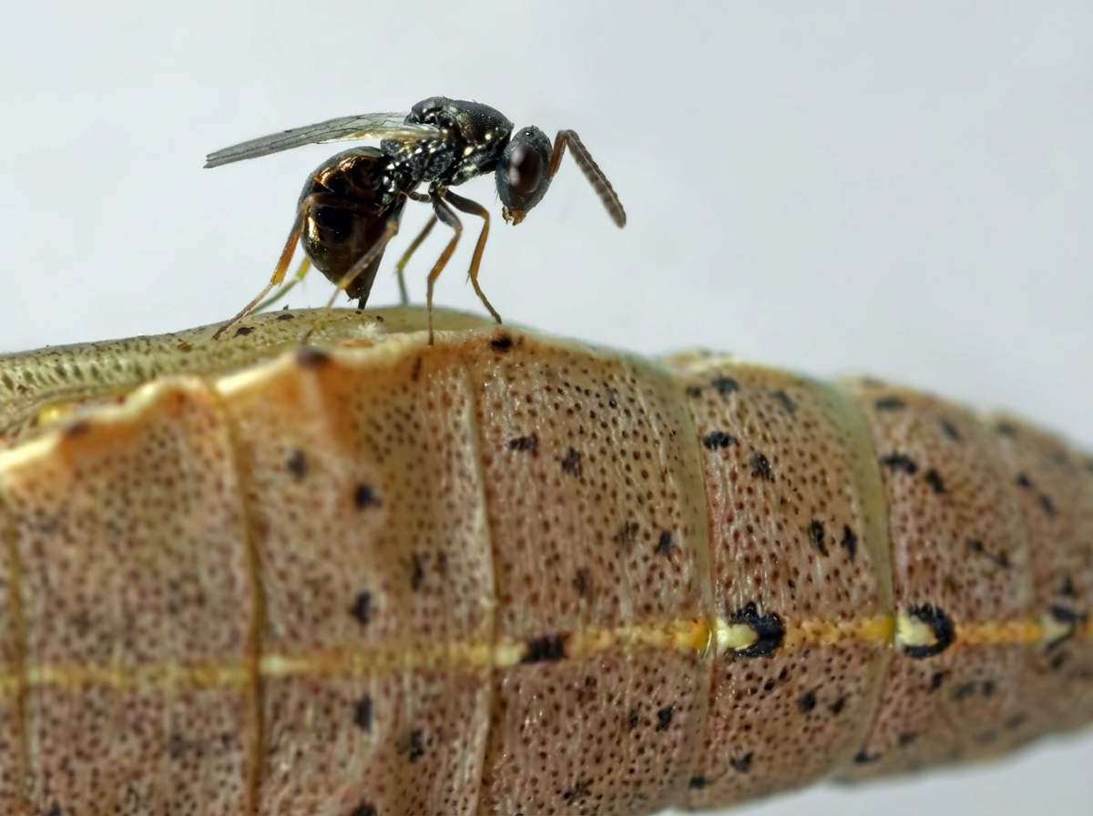 Pteromalus puparum en train de pondre