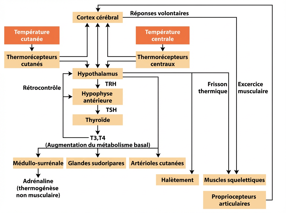 Schéma très simplifié de la régulation de température chez les homéothermes. Noter la boucle de rétrocontrôle pilotant l’émission d‘hormones par l’hypothalamus (la TRH) et l’hypophyse (la TSH) en fonction de la quantité d’hormones thyroïdiennes T3 et T4 produites sous la stimulation de la TSH. Qui pourra croire qu’un tel schéma s’est créé par hasard ? (adapté par J. Péretié).