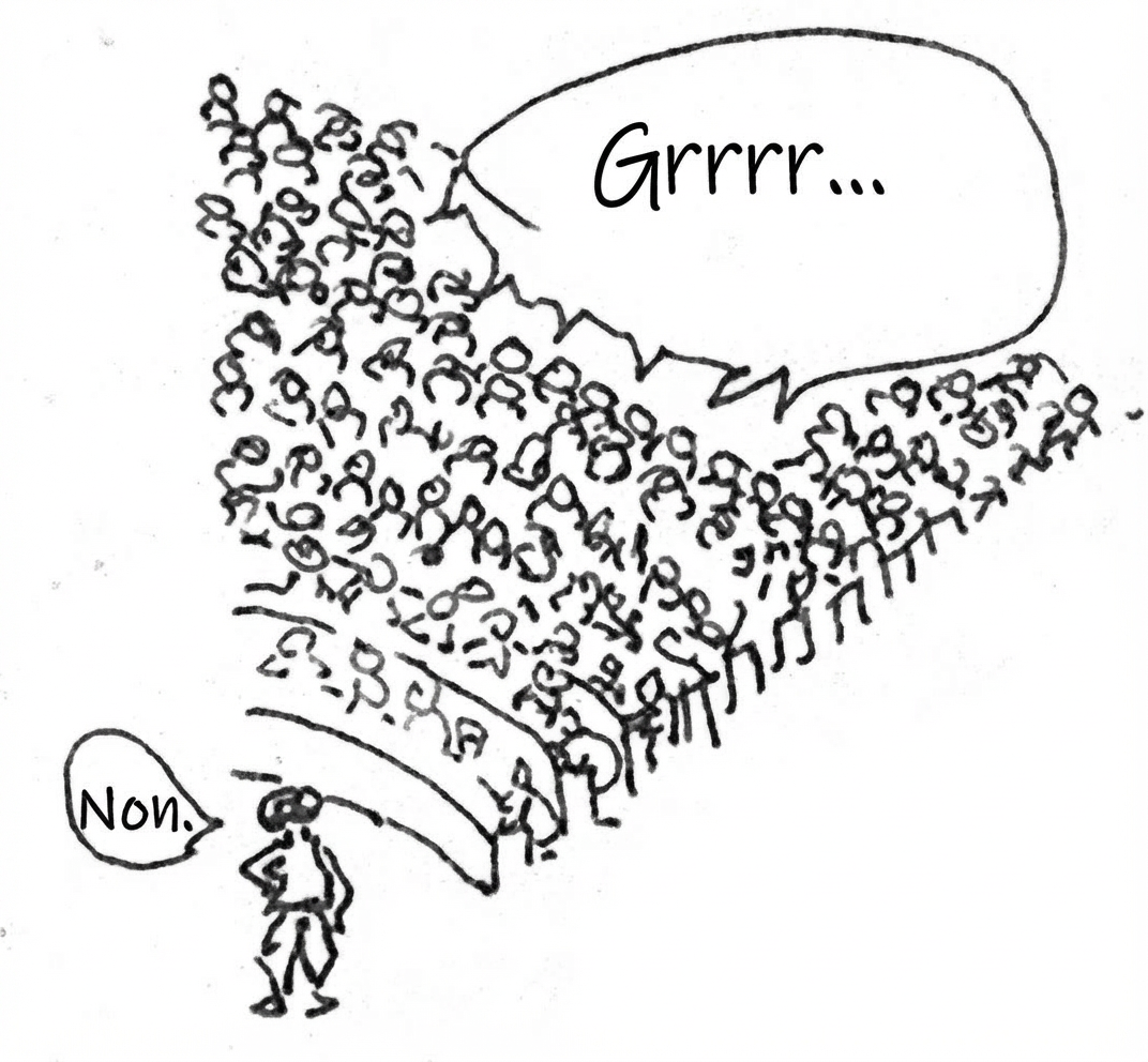 Fig. 1. Dessin humoristique avec la légende : Mercredi, 5 octobre 2011, 8h 55. J'entre dans la salle de classe avec des papillons dans l'estomac : « Chers élèves, soyez les bienvenus. Avant de commencer, je dois vous dire que dans ma classe, tous les appareils électroniques sont interdits ! » Au début, je me heurtai à leur lourde désapprobation. Mais quelques minutes plus tard, ce fut magique : ils se montrèrent attentifs, alertes et joyeux.