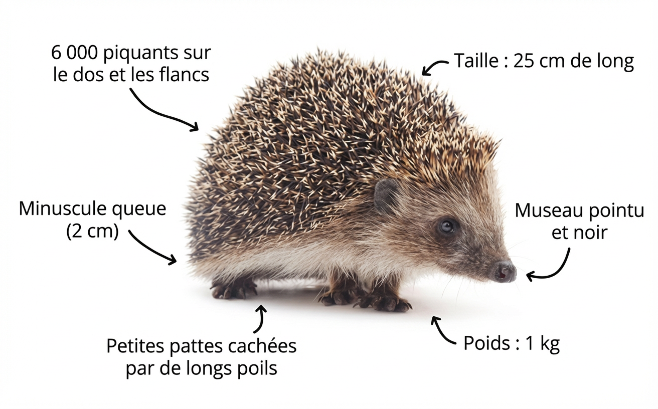 Fig. 4: Caractéristiques d'un Erinaceus. (Schéma avec légendes : 6 000 piquants sur le dos et les flancs, Minuscule queue (2 cm), Taille: 25 cm de long, Museau pointu et noir, Petites pattes cachées par de longs poils, Poids: 1 kg)