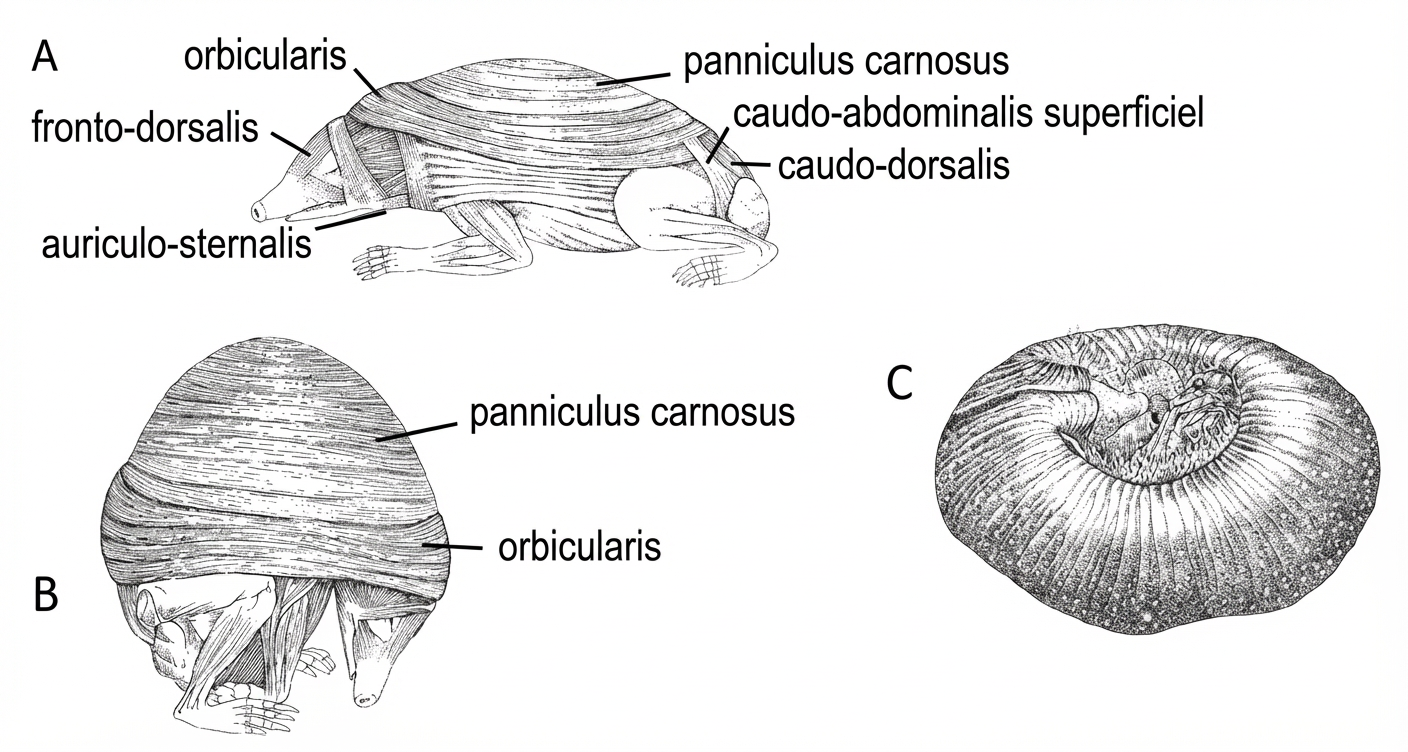 Fig. 6: Muscles peauciers du hérisson permettant la posture « en boule ». A: Schématisation de l'ensemble des muscles, vue latérale. B: Schématisation d'une posture en boule partielle. C: Schématisation d'une posture en boule complète (Denaes, 2019 d'après Reeve, 1994).