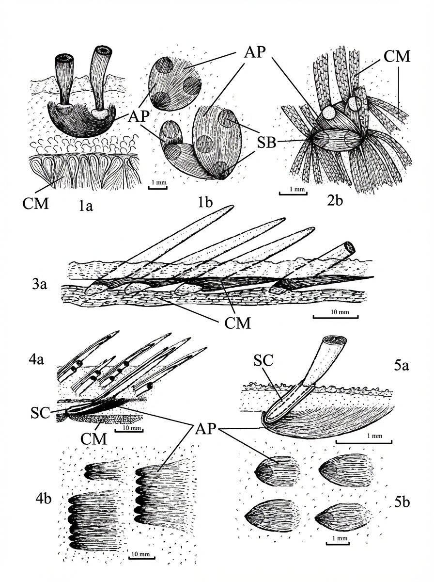 Fig. 9: Schéma des sections transversales (a) et tangentielles (b) d'une peau dans la région de la cuirasse épineuse de : 1- Erinaceus concolor (Hérisson); 2 - Echinops telfairi (Tenrec); 3- Tachyglossus aculeatus (Échidné); 4 - Hystrix indica (Porc-épic); 5- Hemicentetes semispinosus (Tenrec).