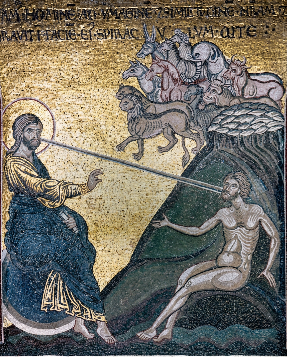 RAVIT FACIE-ET-SPIRAC VLYMOTER - Création d'Adam. Mosaïque murale de la cathédrale Sainte-Marie-la-Neuve (XIIe siècle) à Montreale (Sicile).