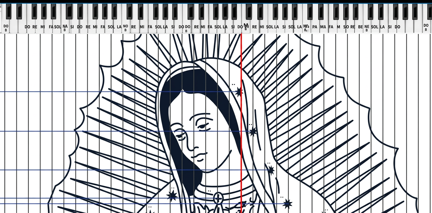 La note Do du centre du Piano coïncide avec la ligne centrale (en rouge) sur l'Image.