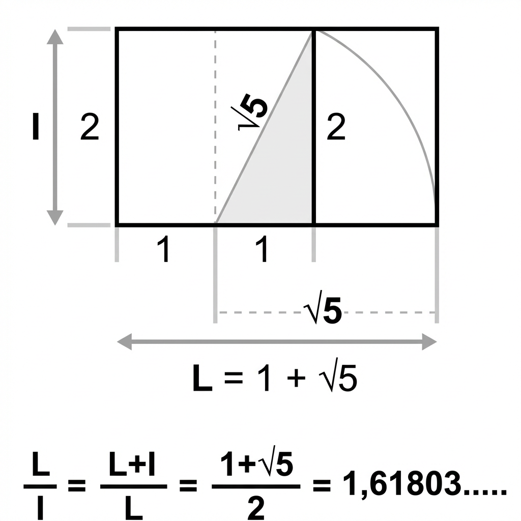 Construction d'un rectangle ayant la proportion dorée, avec un carré de côté 2 et l'hypoténuse racine de 5