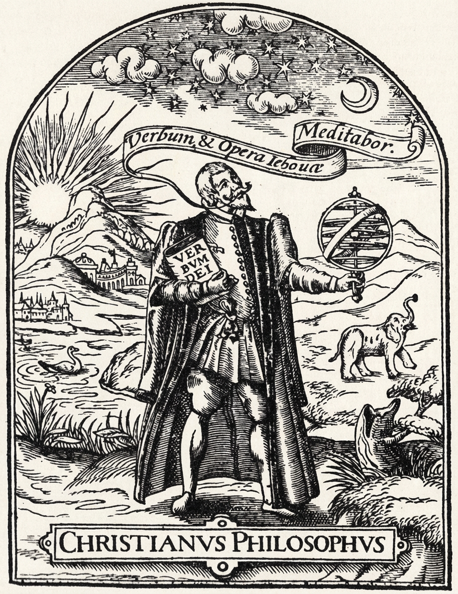 Le savant chrétien, admirant les merveilles de la création et tenant en main gauche l’astrolabe et en sa droite la Bible. Source : The Christian Philosopher. In George HARTGILL, « Minister of the word » (1594). Gravure sur bois, auteur anonyme, British Museum. http://britishmuseum.org/research/collection_online/collection_object_details. aspx?objectId=3107761&partId=1)