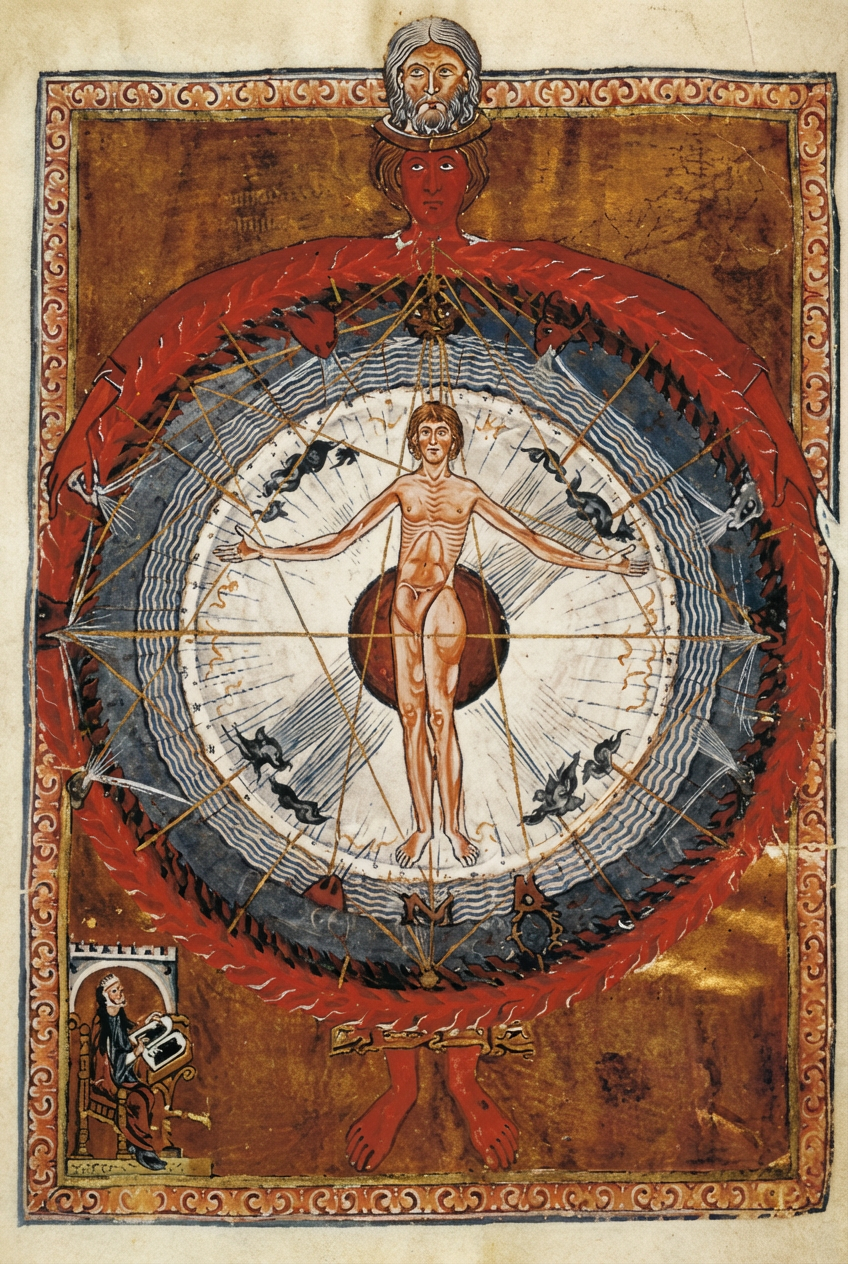 Fig. 2 : La Trinité embrassant l'univers, avec l'homme en son centre. Ste Hildegarde de Bingen, Miniature du Liber Divinorum Operum (Bibli. Capit. de Lucca).