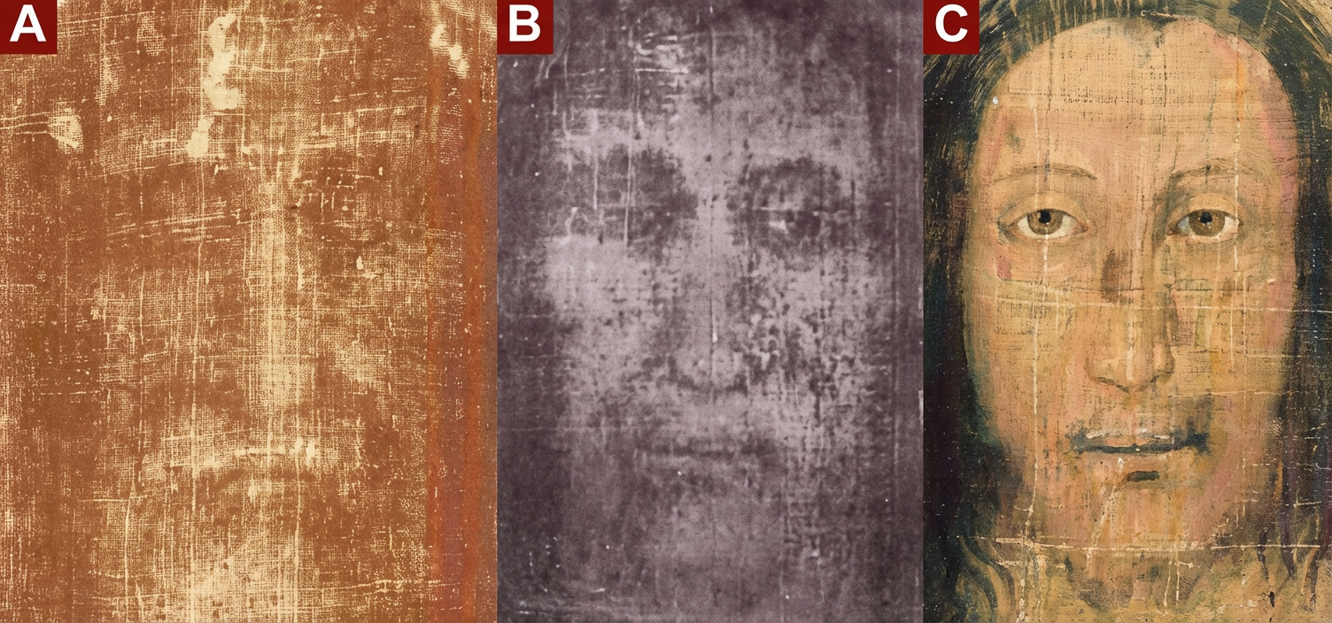 Superposition (au centre) du voile de Manoppello à l’image en négatif du Linceul de Turin (à g.).