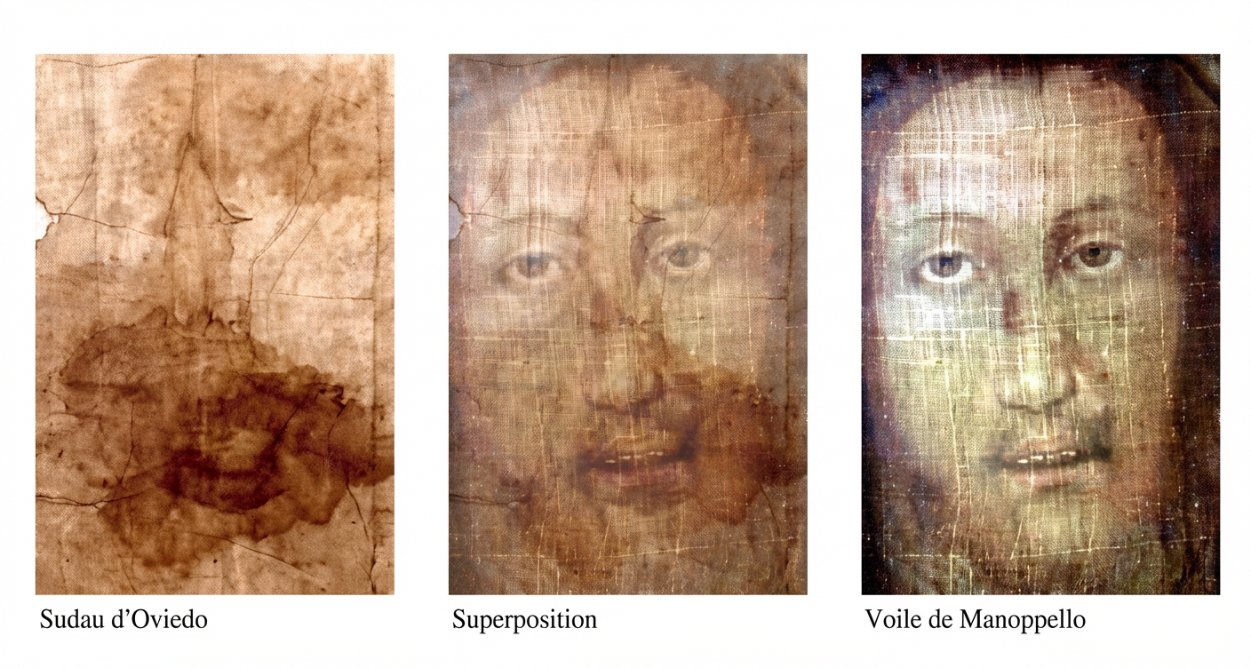 Superposition (au centre) du voile de Manoppello (à d.) au Suaire d’Oviedo (à g.).