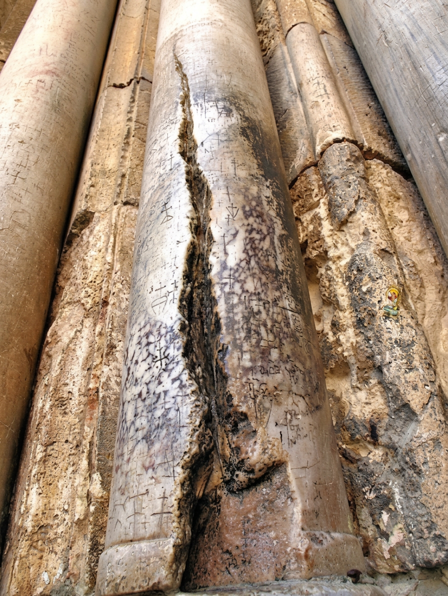 La colonne de marbre fendue, à gauche de l’entrée principale de l’église de la Résurrection.