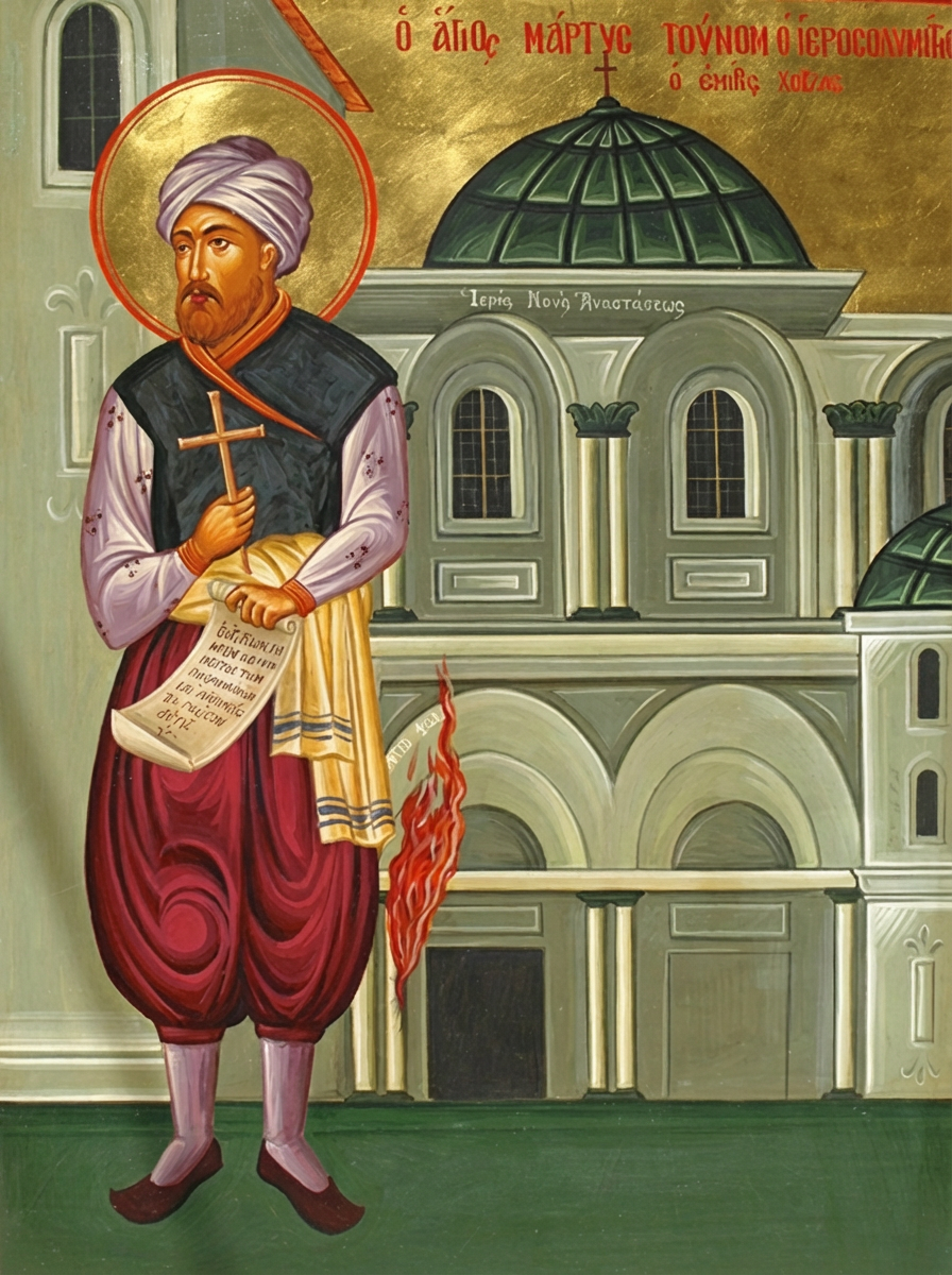 Le saint martyr Tunom. En arrière-plan, la colonne qui s’est enflammée en 1579