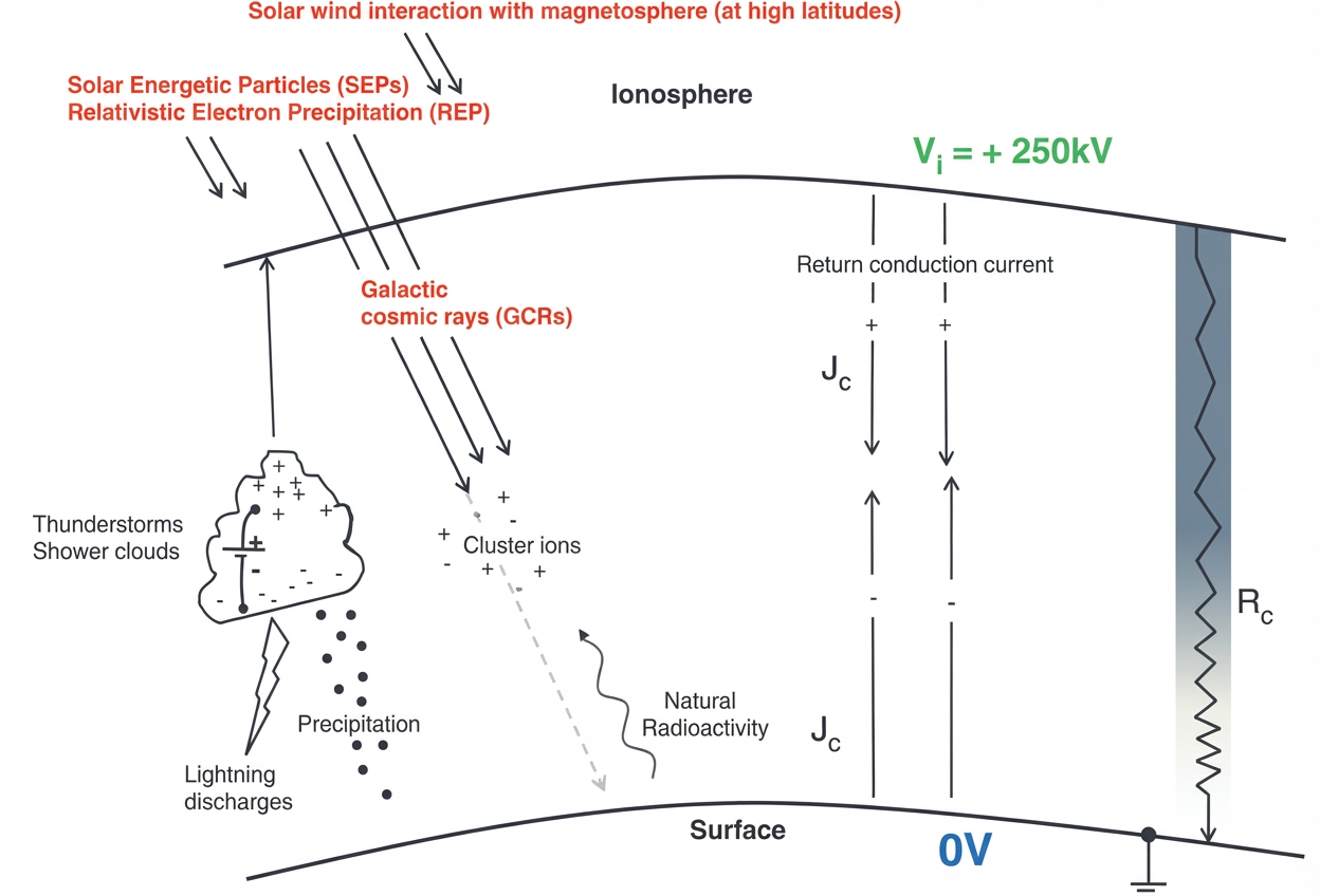Diagramme illustrant le rôle des orages et des rayons cosmiques dans la création de champs électriques