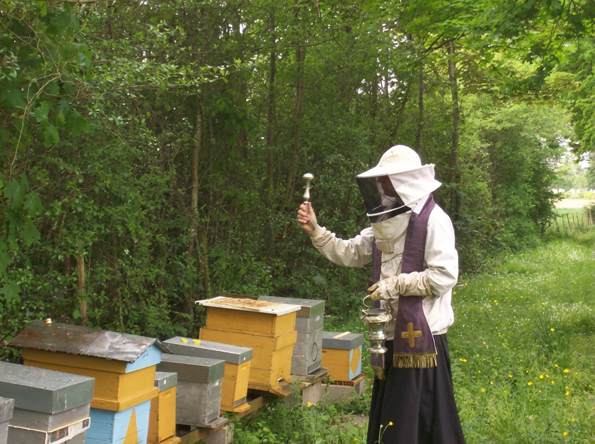 Prêtre bénissant des ruches