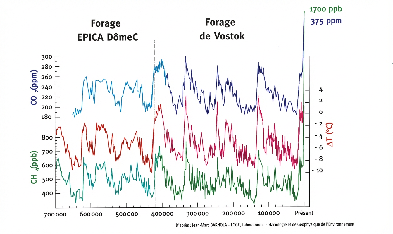 analyse des variations de la température et de la concentration du CO2 dans les paléoclimats depuis 700 000 ans.