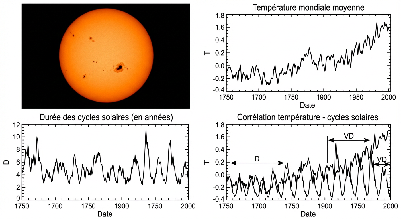 Taches solaires, température moyenne mondiale de 1750 à 2000