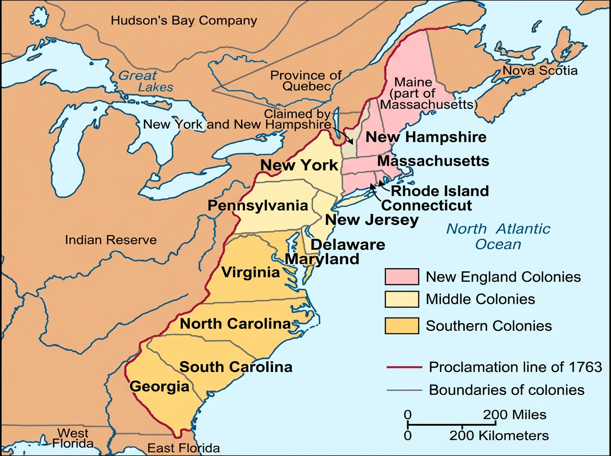 carte des 13 colonies initiales aynt formé les Etats-Unis