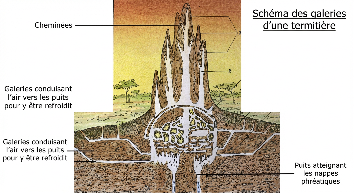 Schéma des galeries d'une termitière