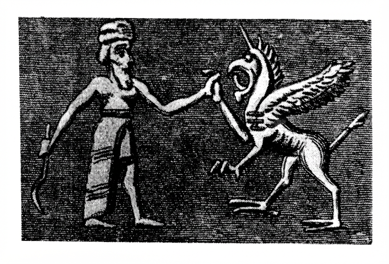 Sceau babylonnien: homme combattant un dragon
