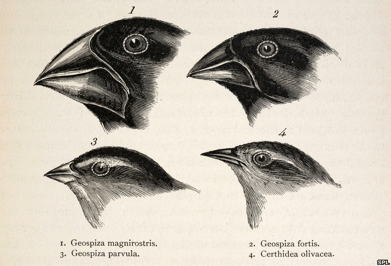 Image des pinsons de Darwin, et de leurs becs