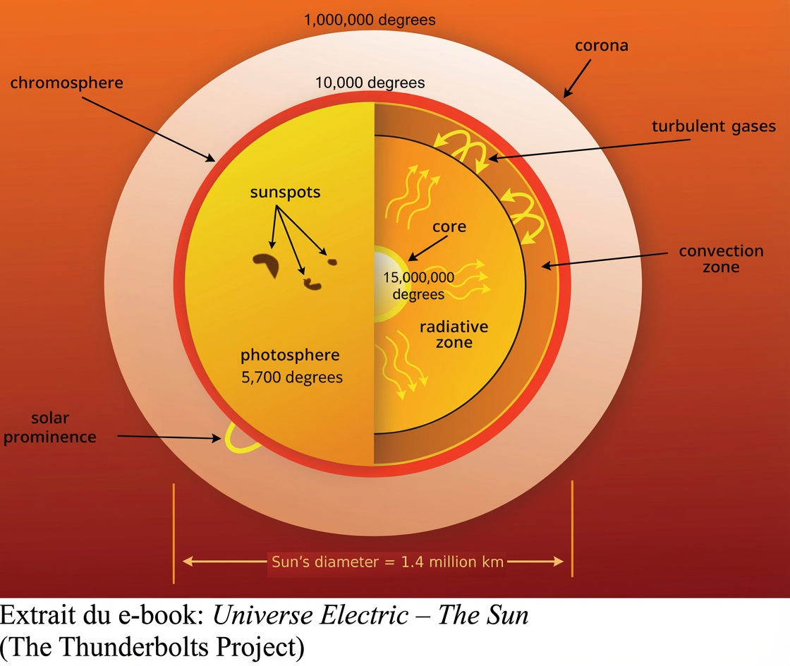 Schéma de répartition des températures à l'intérieur du soleil