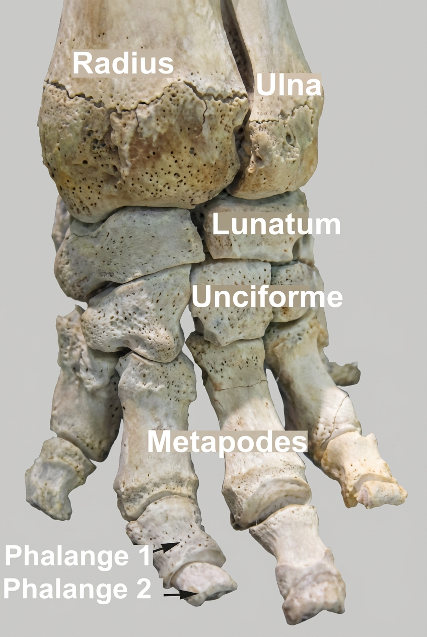 Fig. 4. Squelette du pied. Plus compact et massif que le pied humain, il est fait pour transmettre un énorme effort vertical.