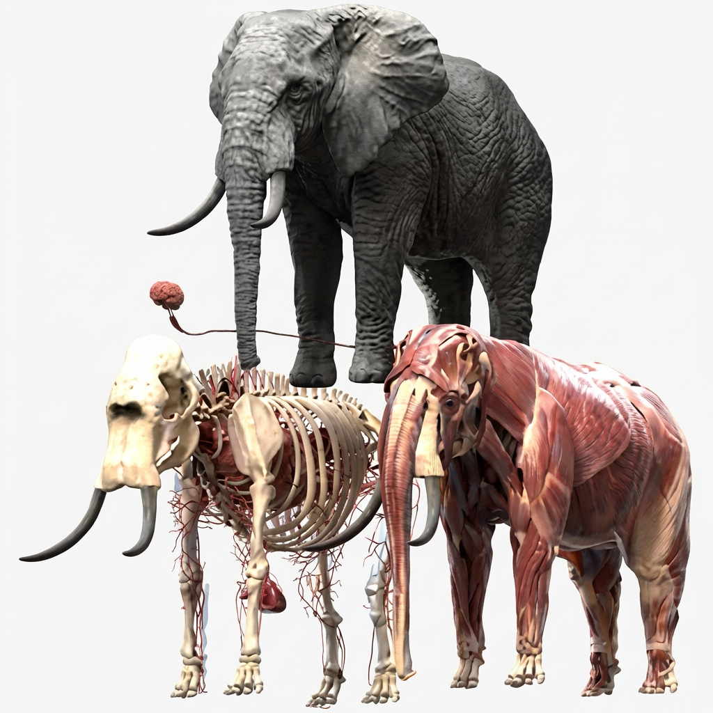 Fig. 12. Éléphant : aperçu du squelette et de sa musculature.