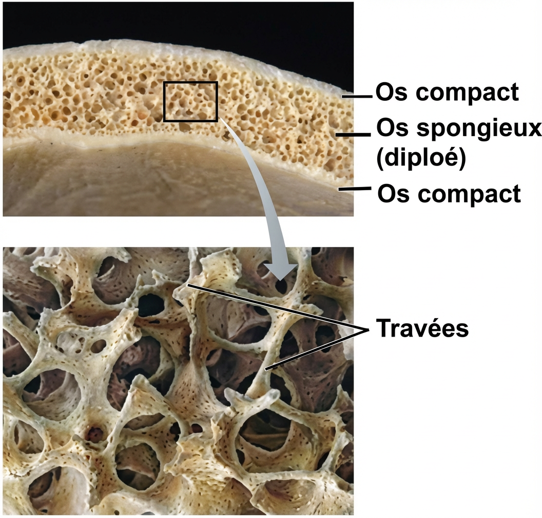 Fig. 14. Diploé : un os spongieux entre deux couches d'os compact.