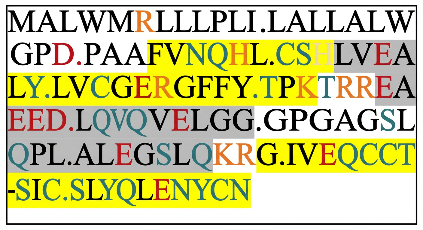 Séquence des 110 acides aminés de la pré-pro-insuline humaine, surlignée selon leurs propriétés. Séquence signal (24 aa); la chaîne β (jaune ; 30 aa); la protéine C (gris ; 31 aa) ; la chaîne α (jaune ; 21 aa). L'insuline est surlignée en jaune. Les acides aminés de propriétés semblables ont la même couleur : Acides aminés basiques, chargés + à pH 7 ; Acides aminés acides chargés - à pH 7 ; Acides aminés polaires non chargés (dont la cystéine en italique) ; Acides aminés apolaires ou hydrophobes. Quatre acides aminés sont éliminés aux sites de coupure.
