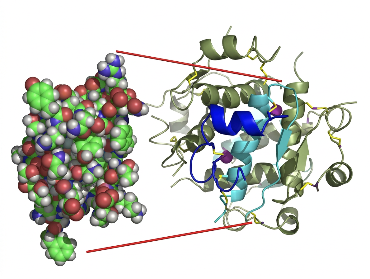 Hexamère d'insuline. Monomère d'insuline en bleu ; Zinc en violet.