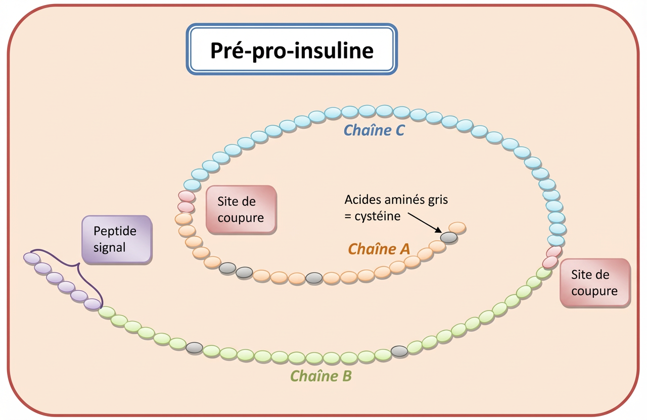 La pré-pro-insuline. E n bleu le peptide C ; en jaune et vert, les deux chaînes de l'insuline qui vont se lier au niveau des acides aminés « cystéine » représentés en gris. Les acides aminés fixant les enzymes de découpe sont en rose et le peptide signal en violet.