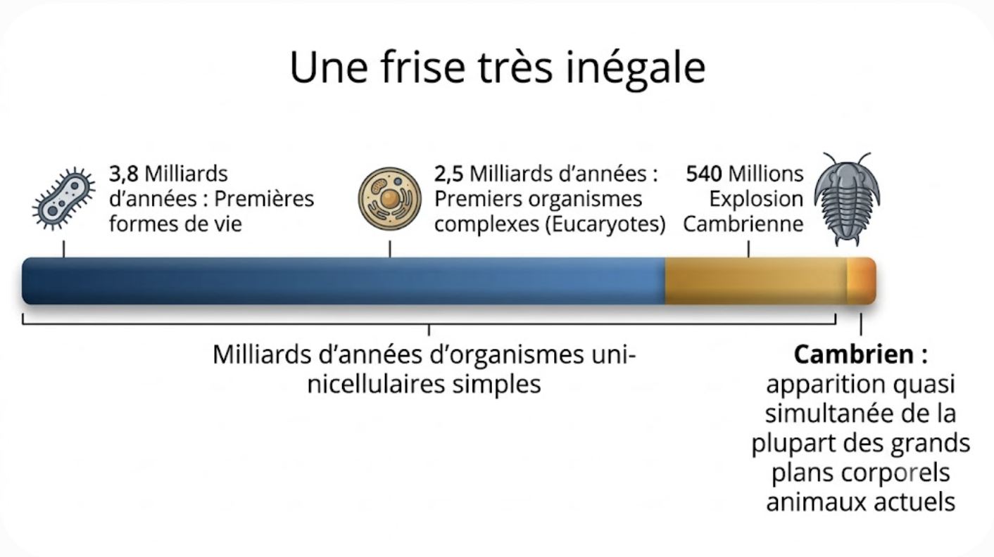 Frise chronologique montrant le contraste entre les milliards d'années de vie unicellulaire et la brièveté de l'explosion cambrienne