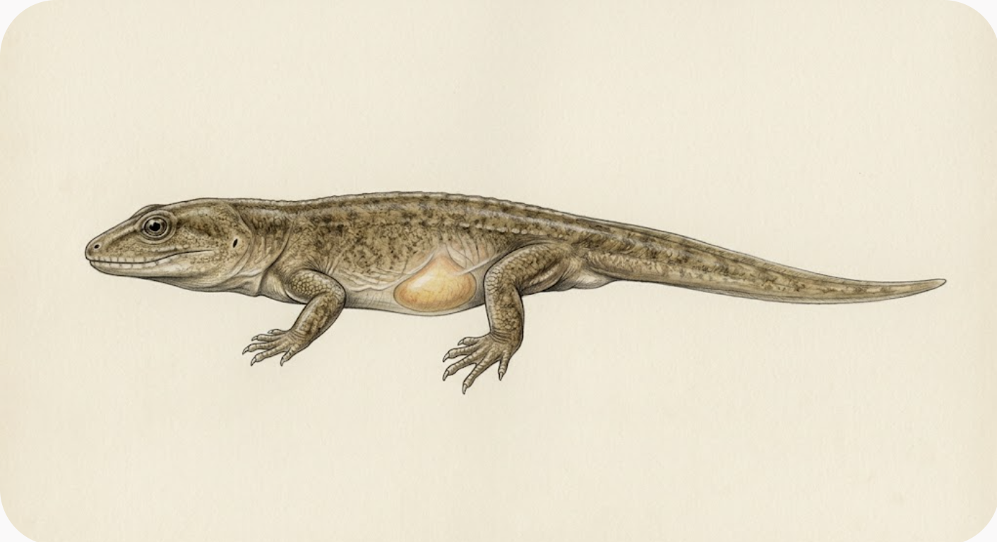 Reconstitution d'un bébé tétrapode fossile avec sac vitellin visible