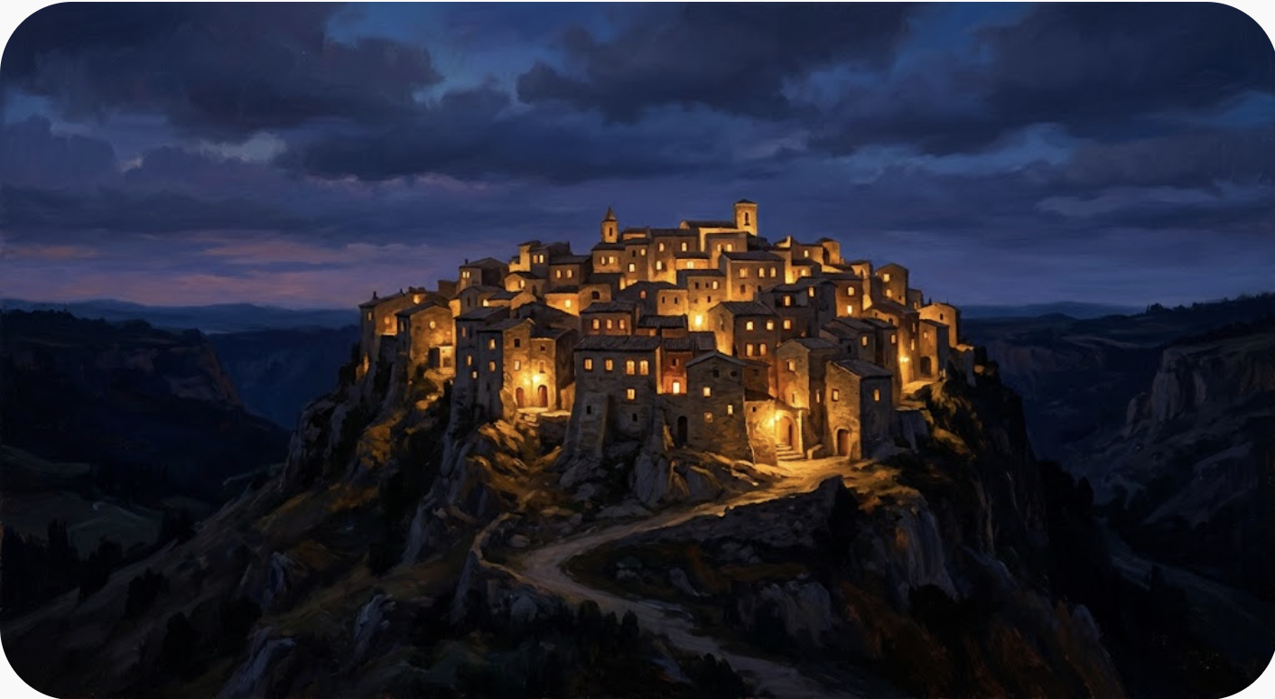 Illustration d'une ville éclairée sur une colline, de nuit